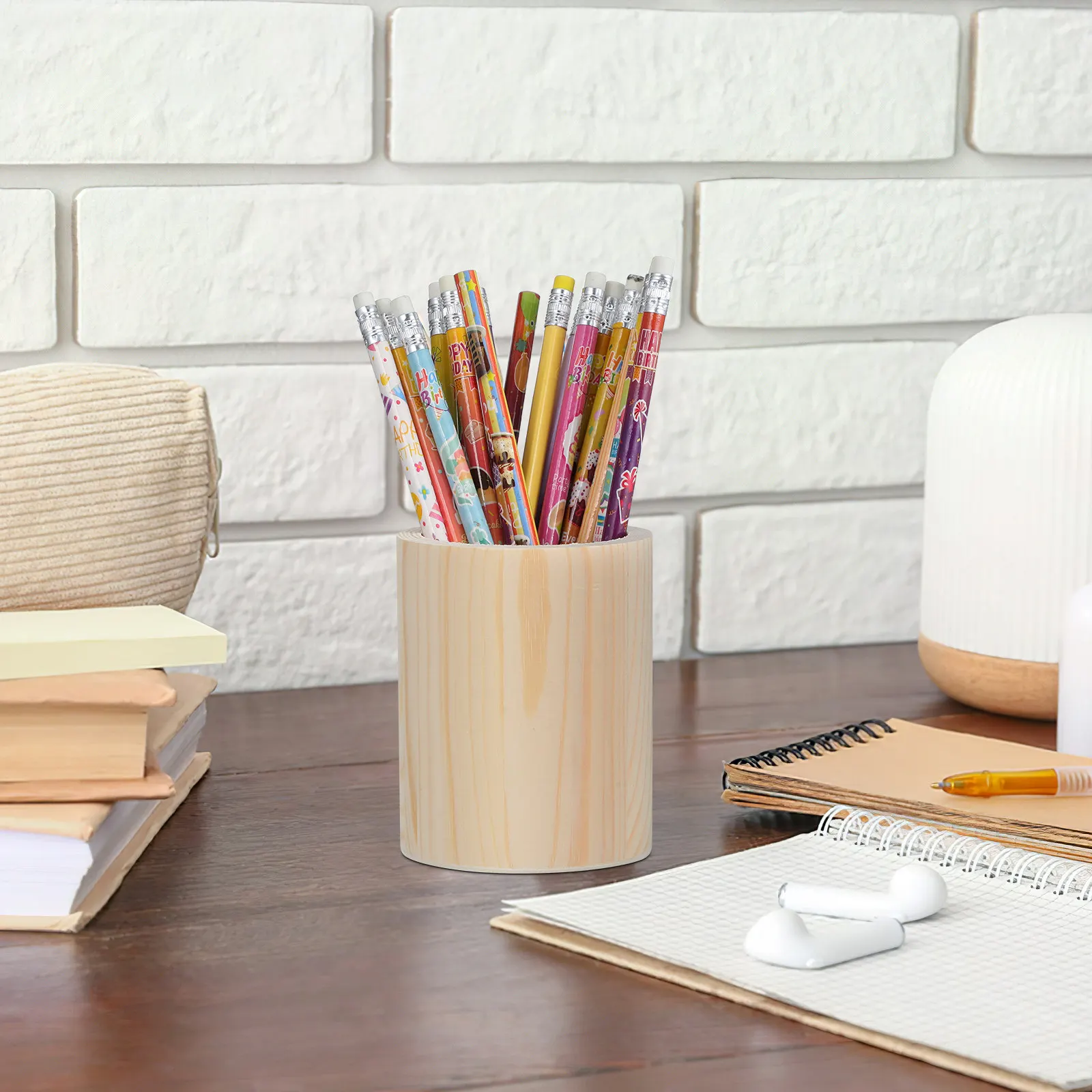 

2Pcs Round Unfinished Wood Pen Holder Single Compartment DIY Blank Marker Organizer Solid Pine Desktop Storage Case