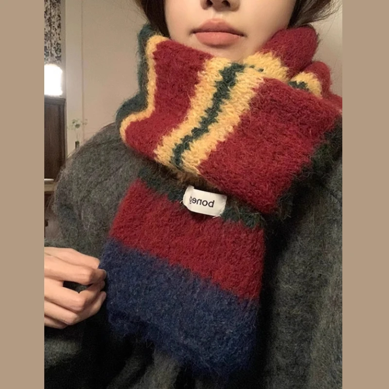 Korean Style Retro Colorful Striped Knitted Scarf Women Winter Thick Warm Fleece Soft Knitted Couple Neck Scarf Couple All-match