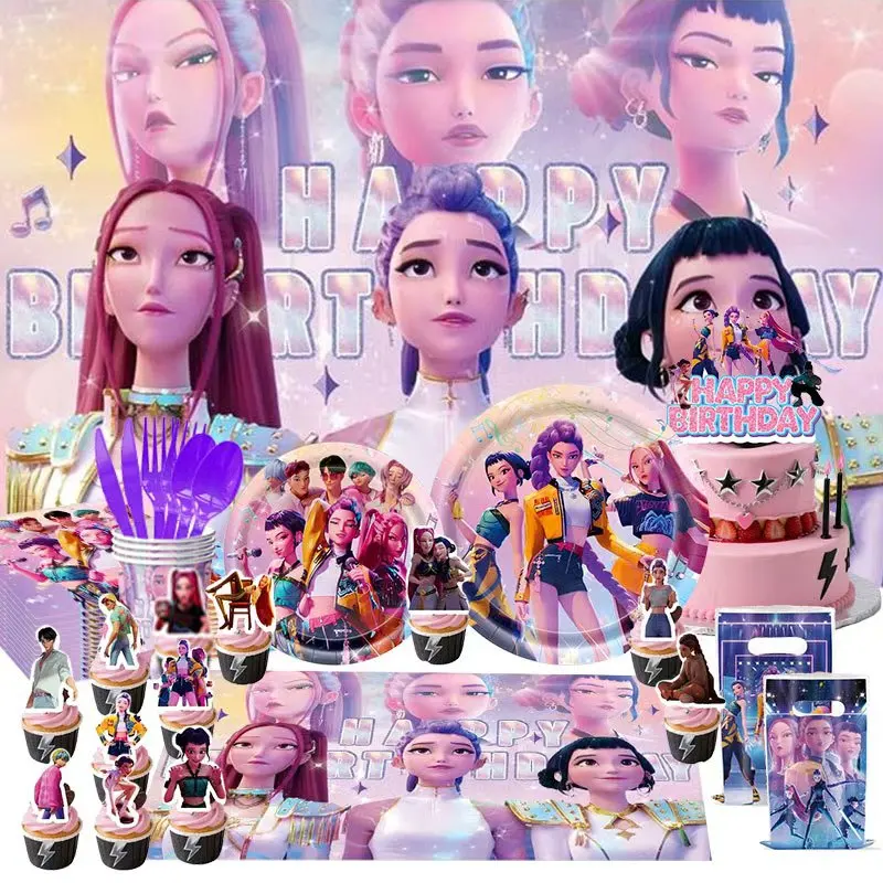 KPop Demon Hunters – décoration d'anniversaire, vaisselle, assiette, tasse, serviette, décoration de gâteau, ballon, sac cadeau, fournitures de fête d'arrière-plan pour enfants