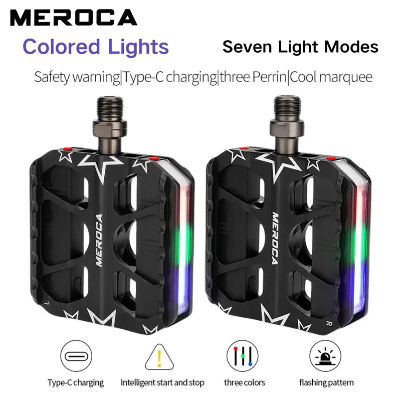 

Велосипедные педали MEROCA MTB со светодиодной подсветкой, перезаряжаемые, предупреждающие о безопасности, нескользящая велосипедная педаль из алюминиевого сплава, 480 г/пара