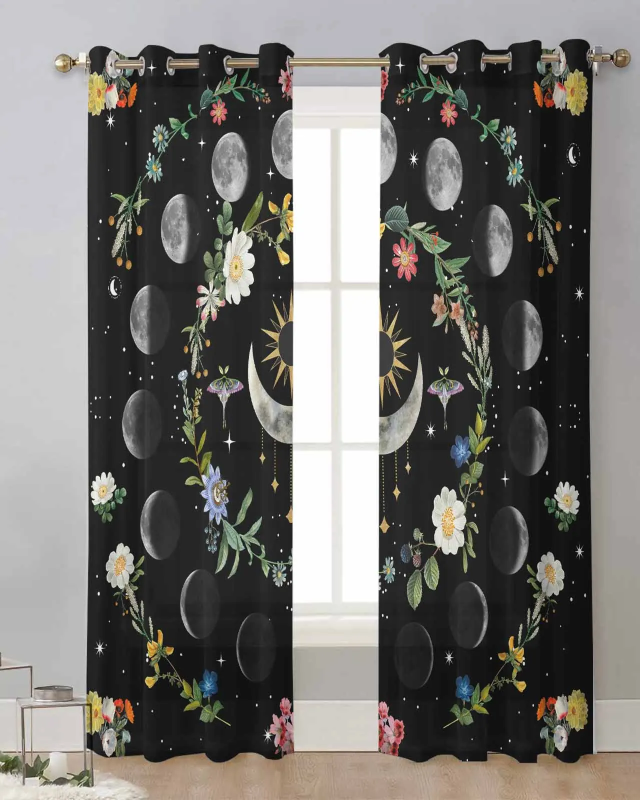 Moonlight Flower Vintage Tarot Stars Modern Tulle Curtains Voile Drapes Sheer Window Curtains Bedroom Accessories