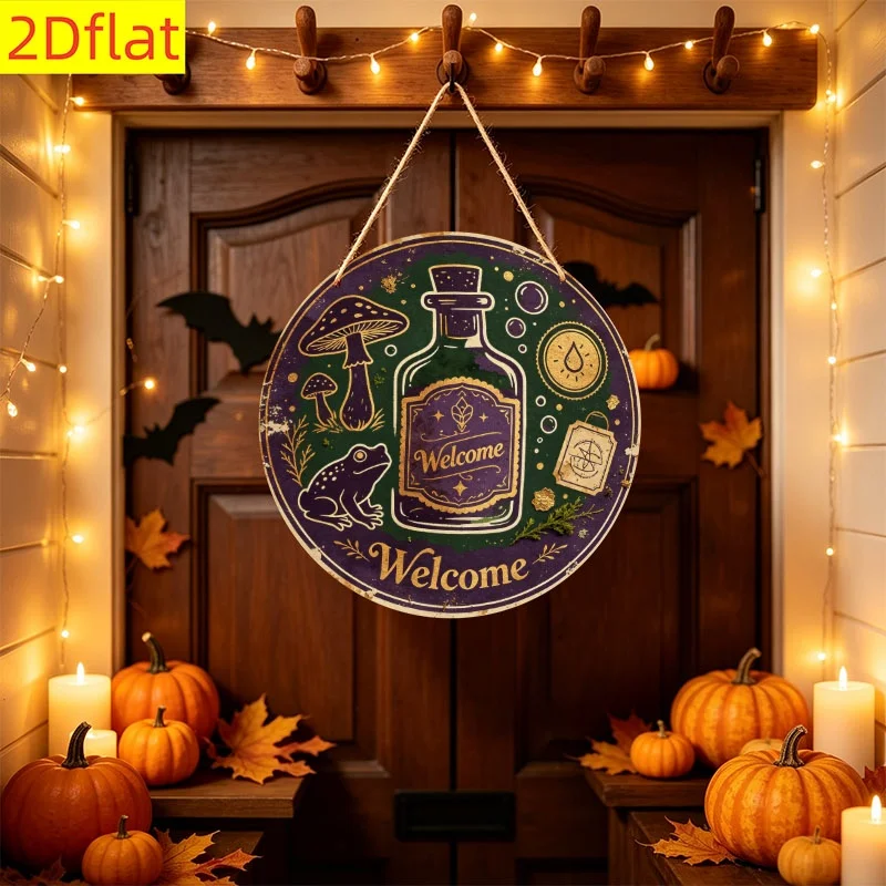 2D Flat, 2D Flat Surface, 1 Wooden Round Sign, Suitable for Hanging on the Front Door Wall, Perfect for Halloween, Christmas