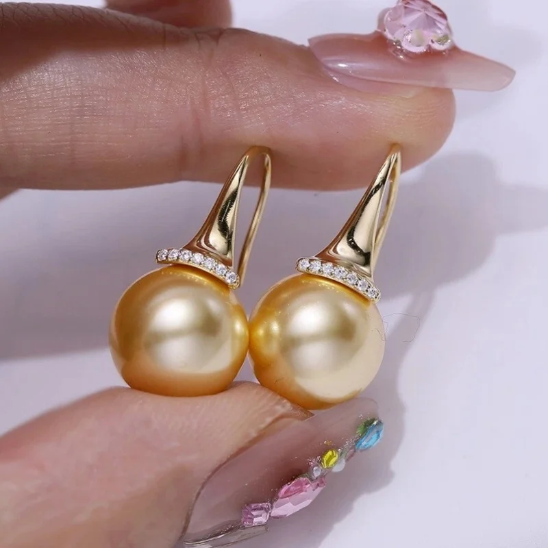 A Pair of Exquisite AAAA oversized 10-11mm South Sea round Gold Pearl Earrings 925s Sterling Silver Post Backs