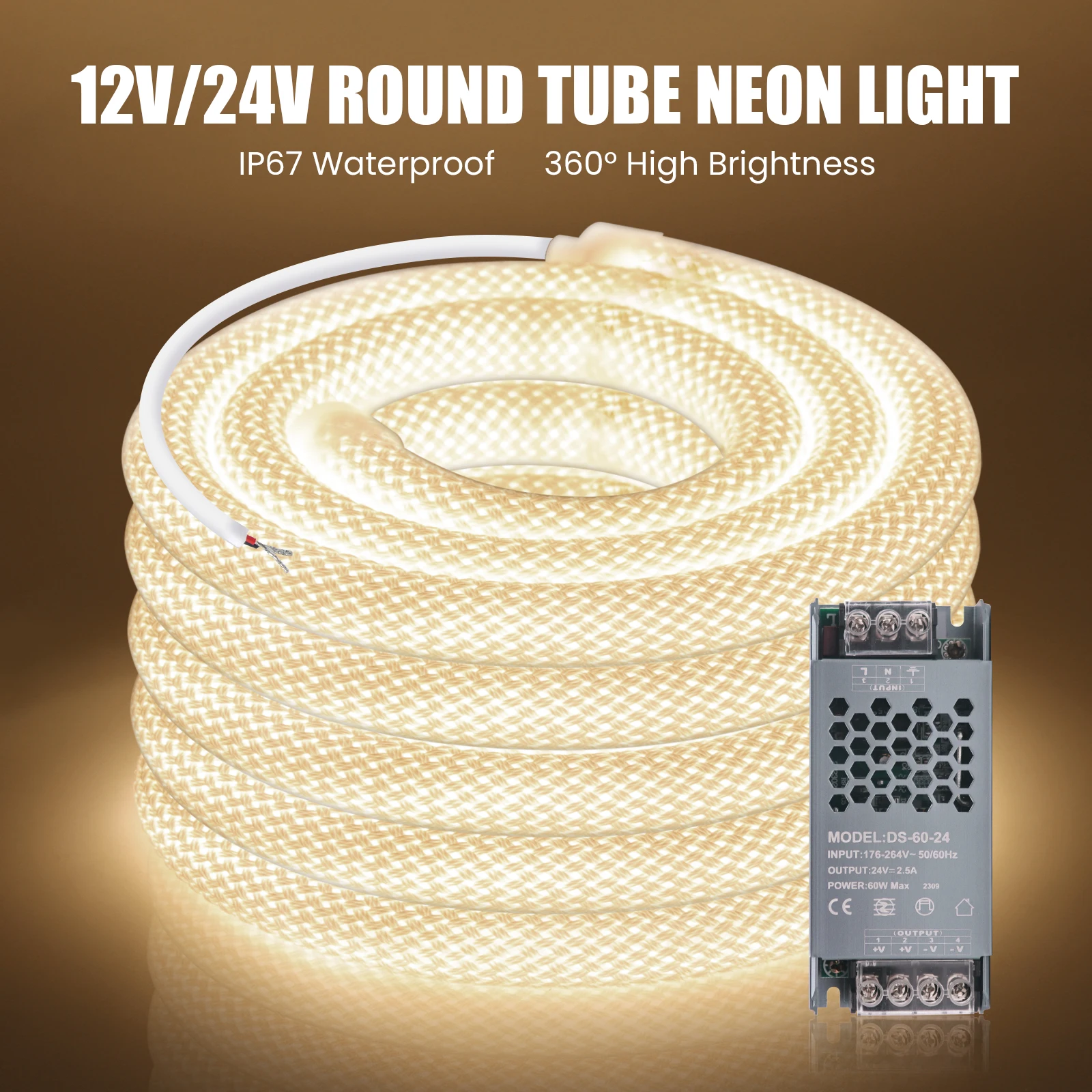 5M Neon Strip 360° Round Reticulate Pattern LED Tube Ribbon Lamp 12V 24V High Density Flexible Tape Rope Warm Nature Cool White