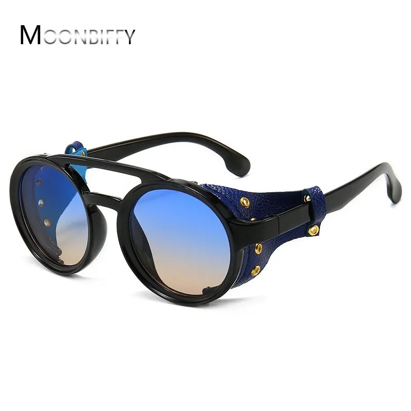 

Steampunk Shields Sunglasses Men Women Classic Sun Glasses With Side Leather Round Eyewears Punk UV400 Lens