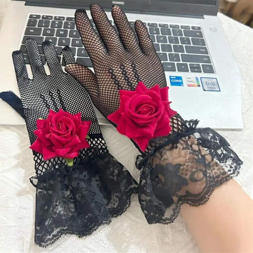 Unique Rose Flower Fishnet Gloves Thin Hollow Out Lace Gloves Punk Breathable Bridal Gloves Wedding