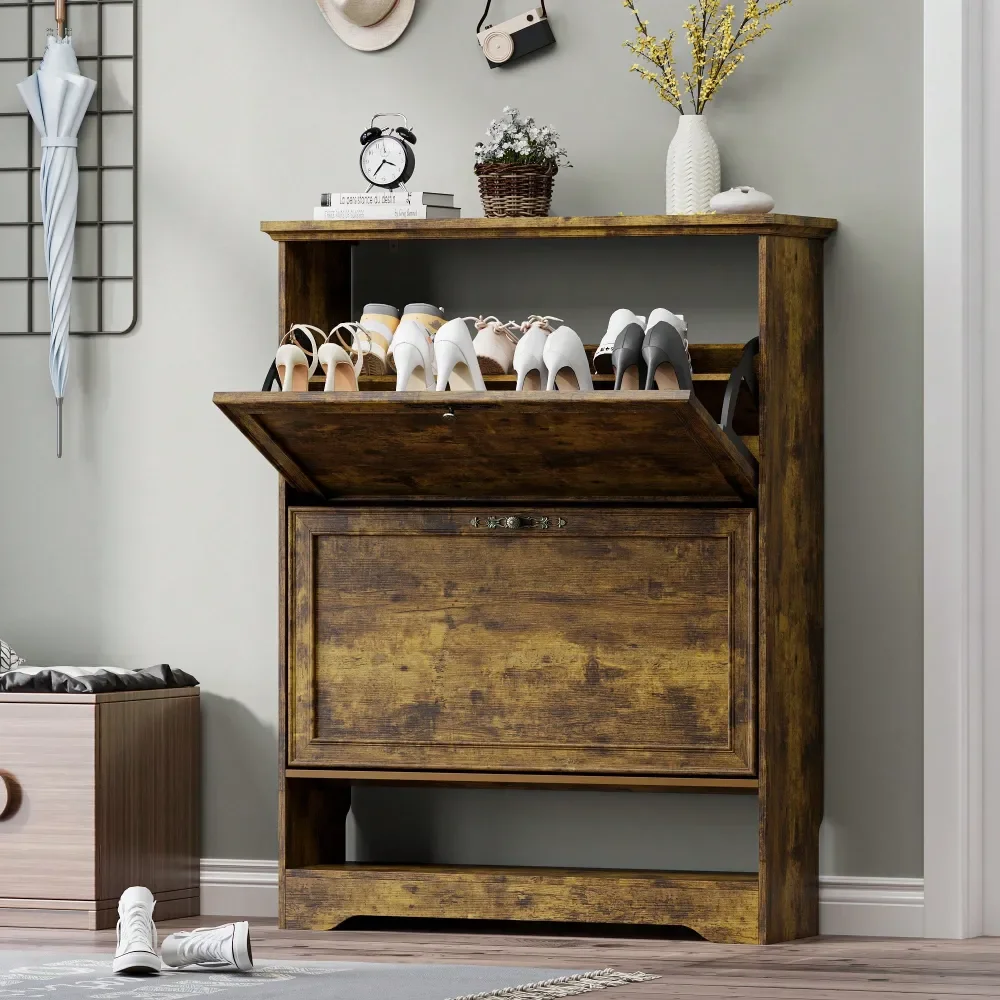 

Cabinet For Entryway, Slim Shoe Storage Cabinet With Adjustable Shelves, Wooden Rack And Organizer For Small Spaces, Closet, Ha