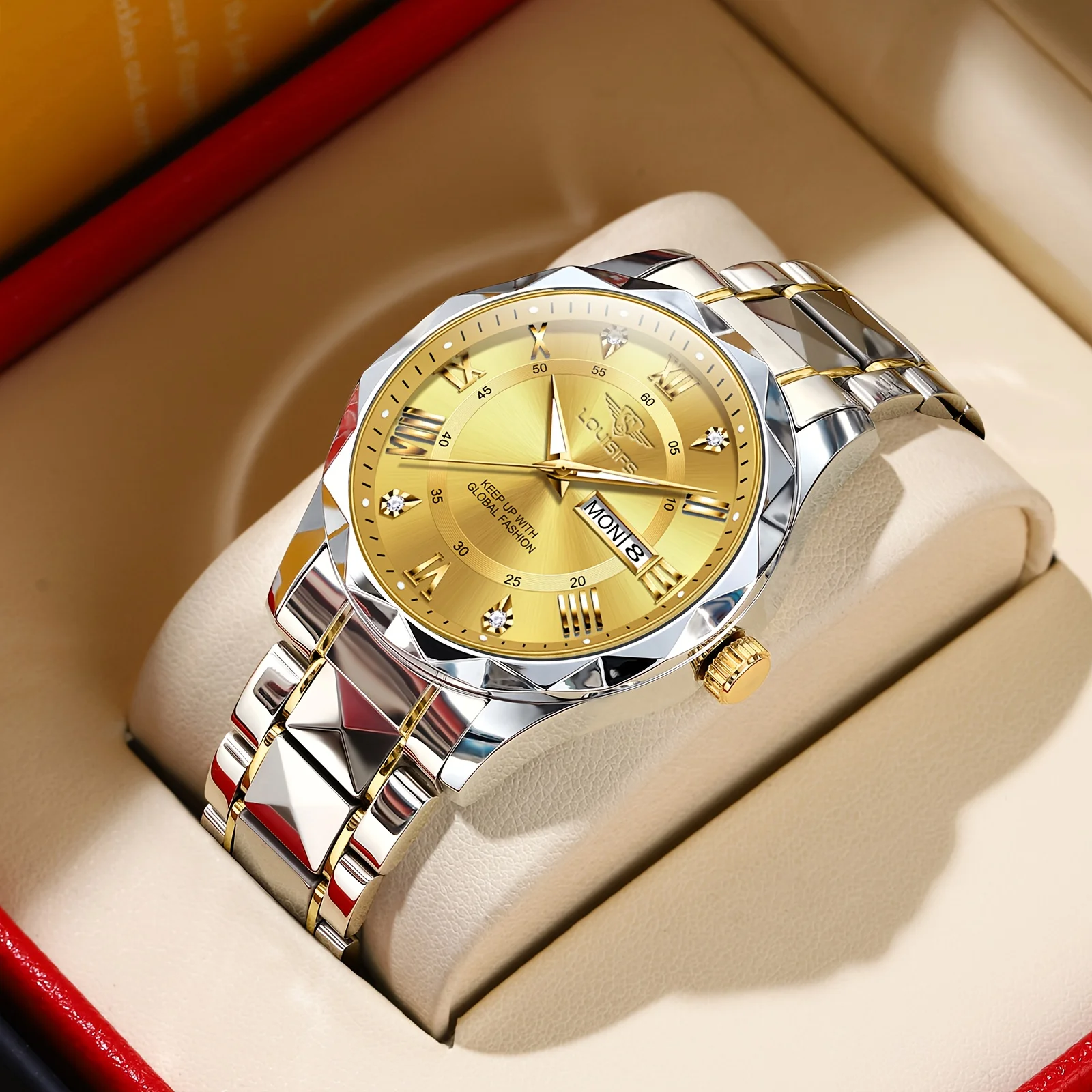 Orologio da polso da uomo alla moda con data e settimana, orologio da uomo in acciaio inossidabile, impermeabile, luminoso, da lavoro, semplice, al quarzo da uomo + scatola