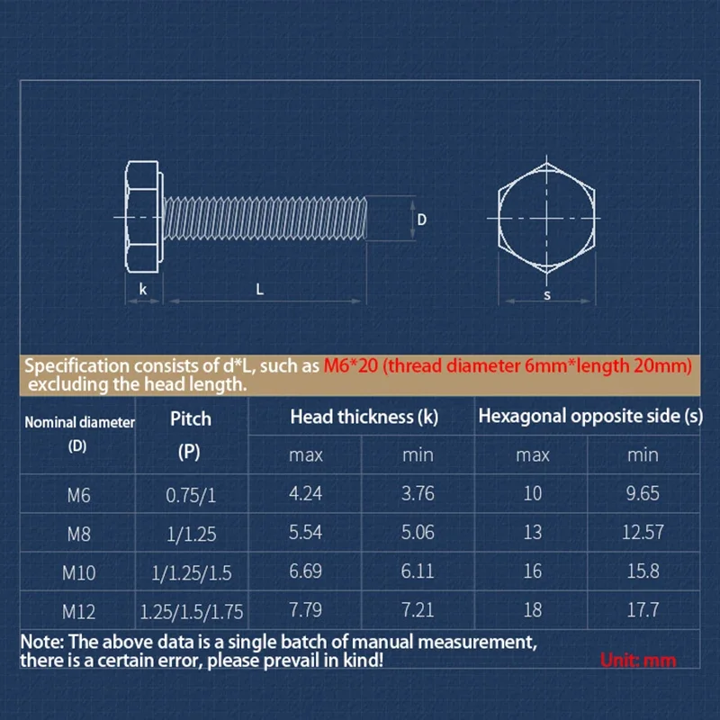 M8 M10 M12 External Hexagon Screw Pitch Fine Thread 1mm 1.25mm 1.5mm Black Carbon Steel Hexagonal Long Screws Bolt