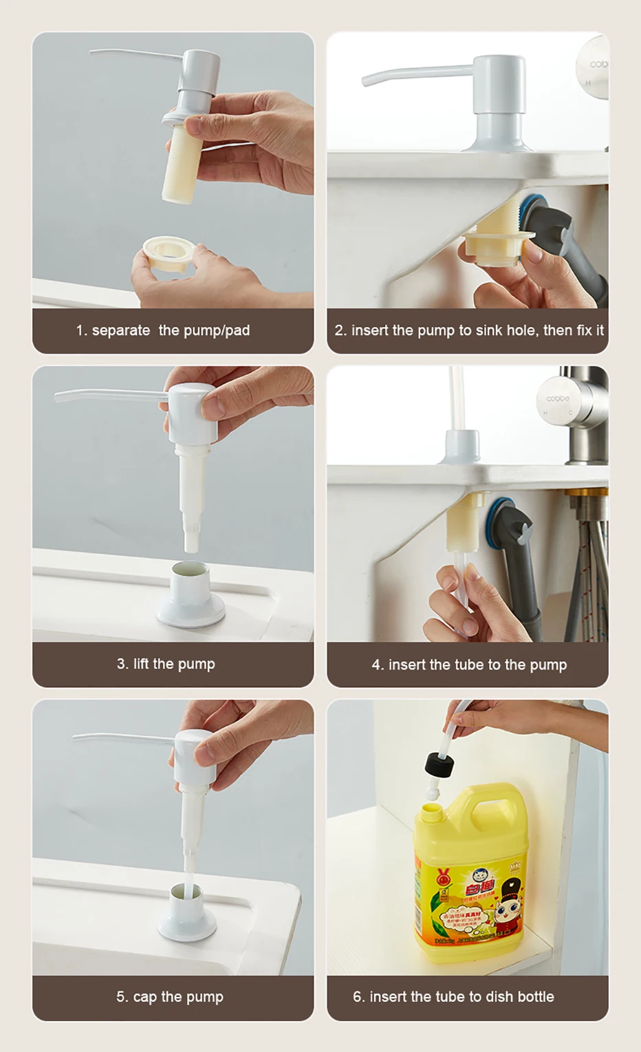 Resuable Kitchen Dishes Soap Dispenser Countertop Built-in Design Soap Container Press Soap Liquid Dispenser with Extention Tube