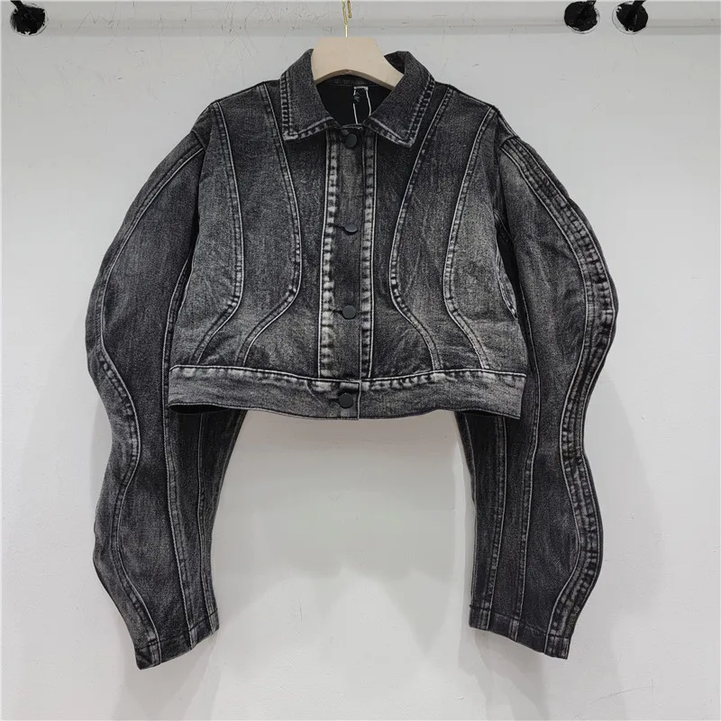 

2024 Spring Autumn New Grey Lapel Three-dimensional Bubble Long Sleeve Denim Jacket Women Fashion Short Style Coat LX022