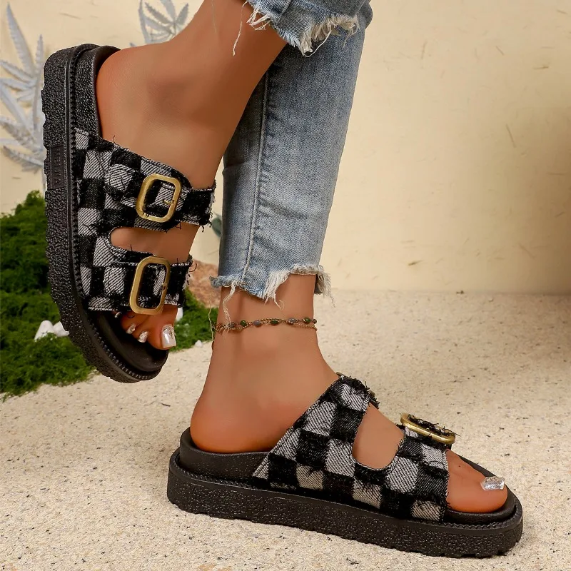 Women's Slippers Fashion Buckle Strap Check Design Casual Flat Sandals Women Summer Open Toe Hollow Comfortable Versatile Shoes view 6