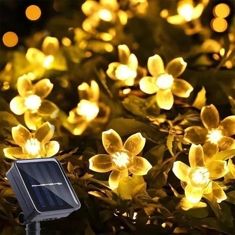 Outdoor LED String Lights para jardim, luzes solares, impermeável, flor de cerejeira, cerca, pátio, quintal, gramado, festa, decorativo, 8 modos, 50 luzes