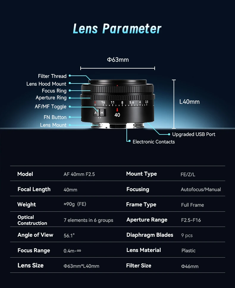 7artisans 40mm F2.5 Autofokus Vollformat-Objektiv mit großer Blende für Sony E A7R A7 V A7C II Nikon Z Z8 Z50II Leica L SL S1M2 – Detail 20