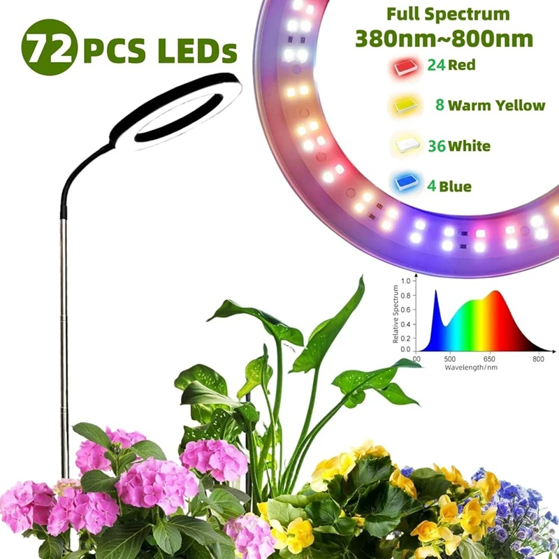 Luz de cultivo de plantas regulable, espectro completo de 160Mm, 72LED, luz de relleno de plantas de espectro completo, temporizador de 3 modos regulables, color negro