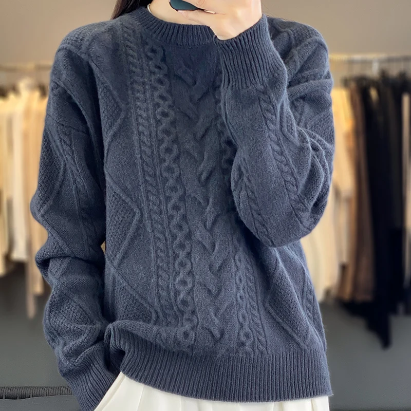 Enlarged And Thickened Merino Wool Sweater Women\'s Round Neck Autumn Winter New Long Sleeved New Cashmere Knit Pullover Top