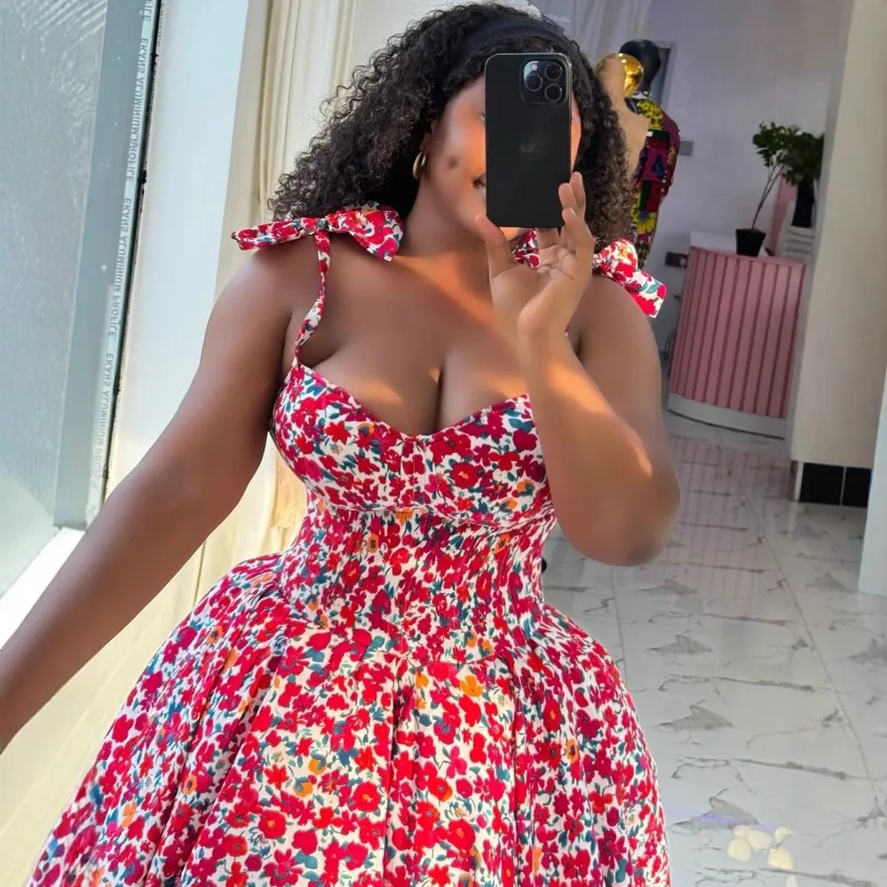 Spring Elegant European American Style Casual  Floral Print Halter Bow Lace-up Dresses High Waist Bowknot A-line Short Dress