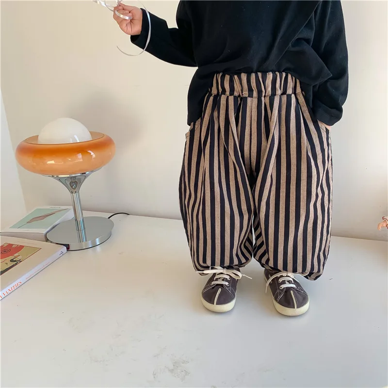 2024 Spring Kids cotton linen loose harem pants Children fashion vertical stripe trousers