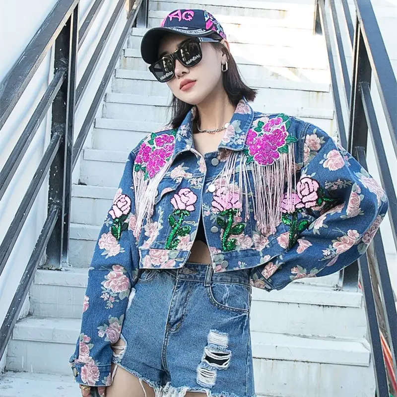 Luxury Floral Printing Fringed Denim Coat Dyeing Flowers Embroidery Tassels Jean Bomber Jacket Sequined High Waist Cardigan Tops