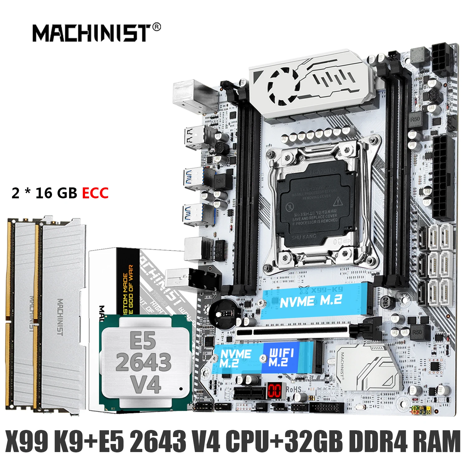 MACHINIST X99 k9 Motherboard Combo LGA 2011-3 Xeon E5 2643 V4 Kit CPU DDR4 RAM 16G*2pcs 2133MHz Memory Four Channel NVME USB 3.0