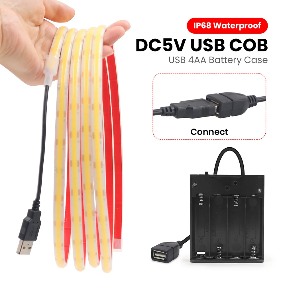 IP68 Waterproof COB LED Strip Light 5V USB/Battery Powered 3000K 4000K 6000K Adhesive Tape 320LEDs/m Clear Tube Flexible Lamp