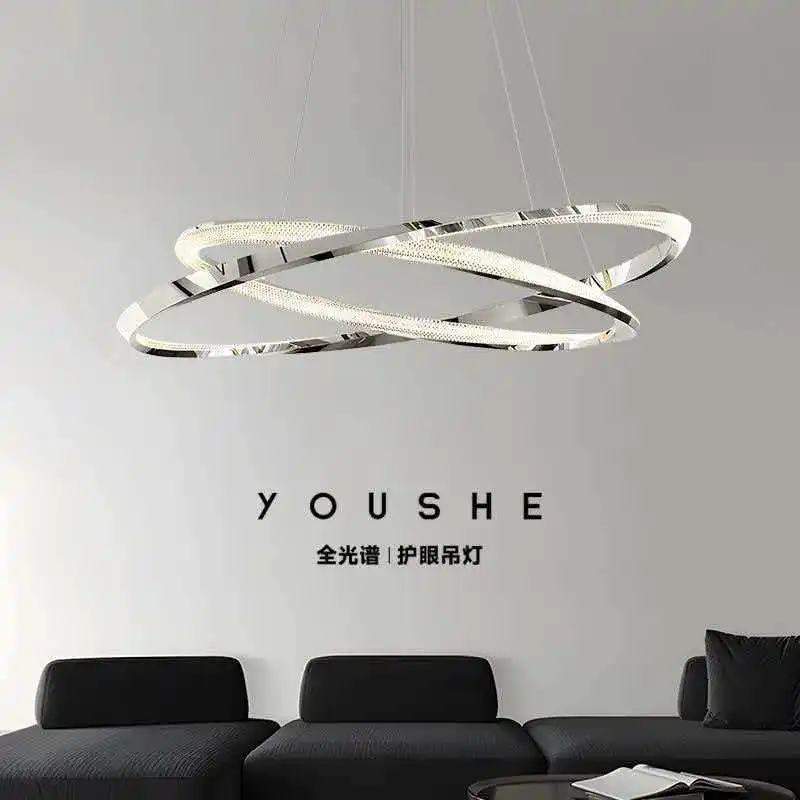 Rotating living room pendant light dining room bedroom modern silver ring light LED indoor lighting