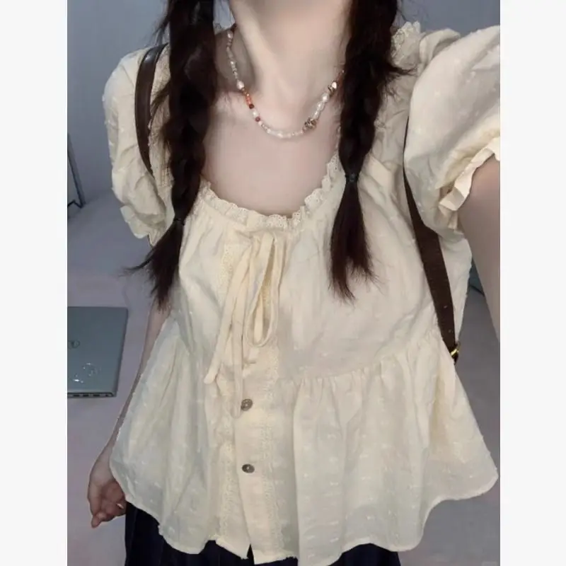 

Retro Chic Sweet Puff Short Sleeve Blouse Summer Female Elegant Lace Up Light Yellow Top Korean Style Short Shirt Women 2026