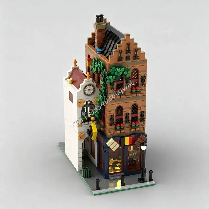 2066PCS European Old Town Chocolate Shop Building Model Custom Building Blocks DIY Assembly City Street View Architecture Gift