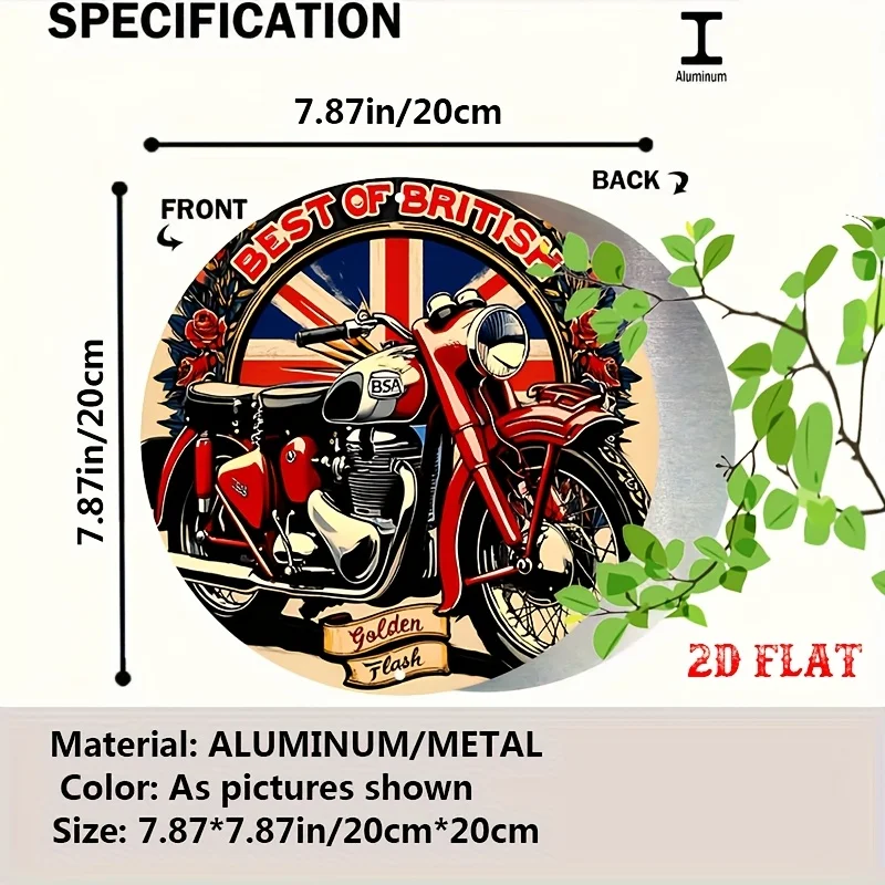 [2D Flat] 1pc Vintage British BSA Motorcycle Metal Sign - Golden Flash with Union Jack Background, Retro Round Aluminum Wall Art