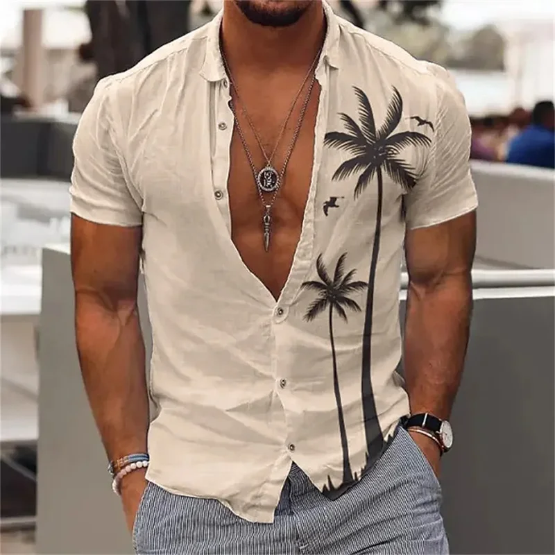 

3D Printed Coconut Tree Hawaiian Shirt For Men Flamingo Pattern Blouse Summer Oversized Button Lapel Tops Beach Aloha Shirts