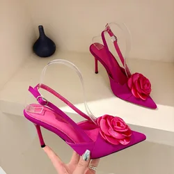 Sexy Silk Slingback Pointed Toe Women Pumps Fashion Design Flowers Thin High Heels Banquet Prom Shoes