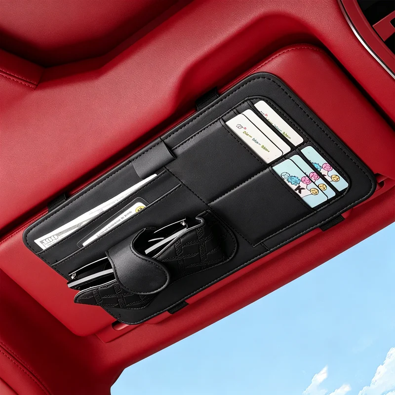 Auto-Sonnenblenden-Brillenhalter Mehrfach-Taschen-Aufbewahrungsbox Luxuriöses PU-Leder Brillenclip Kartenfächer Auto-Innenausstattung