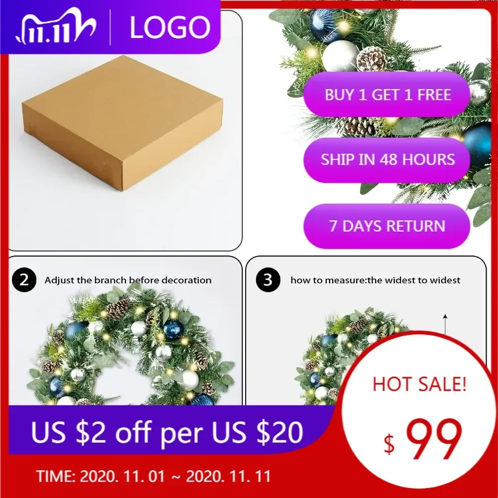 

30-дюймовый рождественский венок с 50 светодиодными фонарями, серебряным и синим светом, украшение для двери