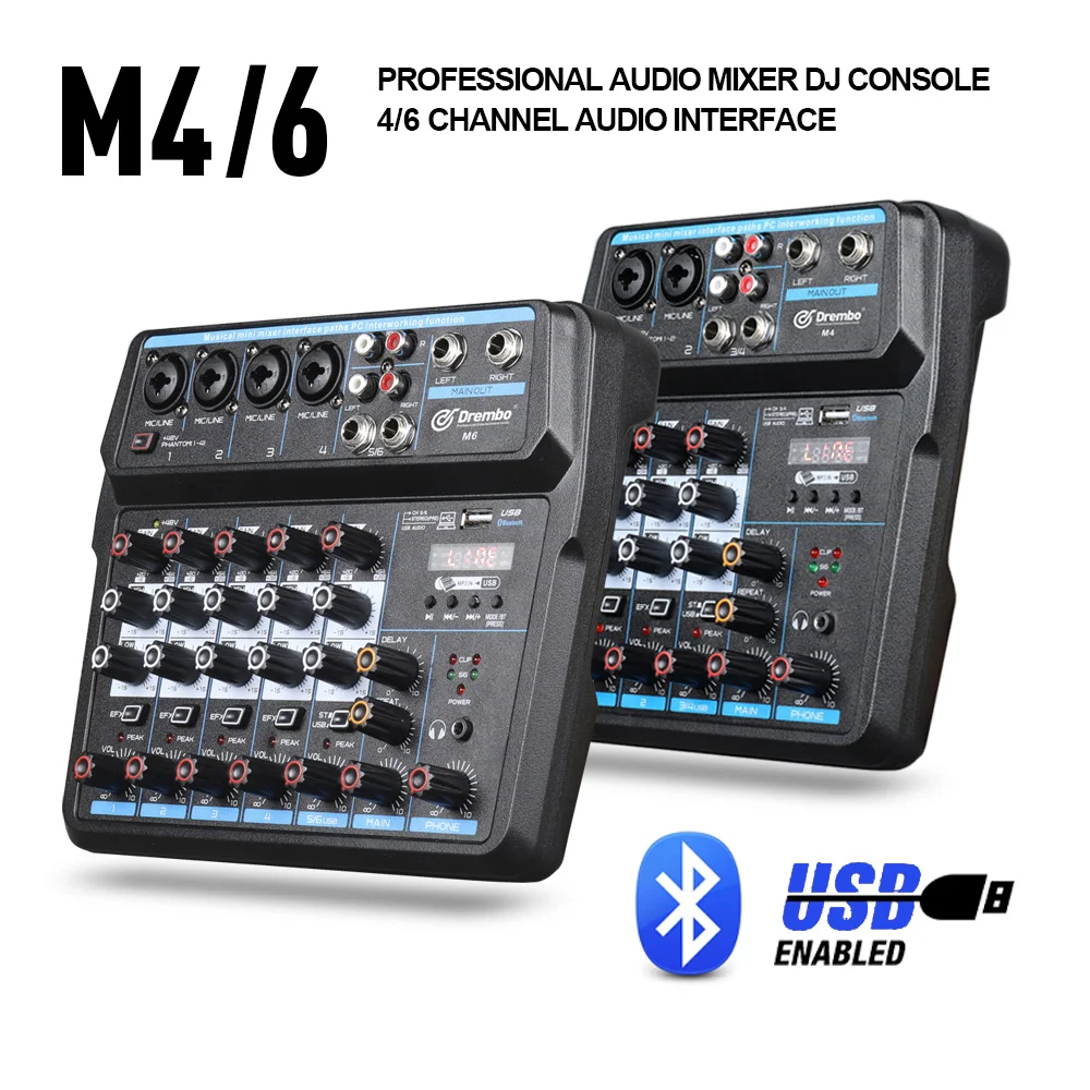 M4 m6 aduio mixer dj console com placa de som bluetooth para gravação de pc karaokê microfone instrumento mistura interface de áudio