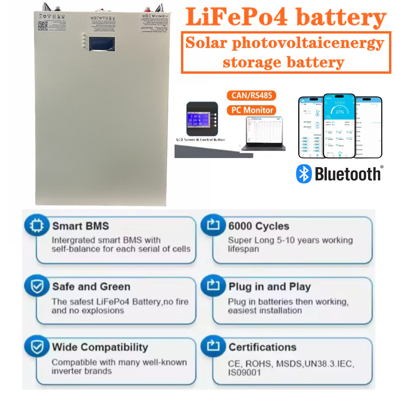 

Wall mounted 48V photovoltaic energy storage battery, Bluetooth 50-400Ah, compatible with solar energy systems