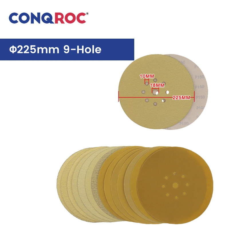 Sanding Discs 225mm 9-Hole Aluminum Oxide Dry Sandpapers Hook and Loop 10-Piece Grit 40~1000 for Car Paint Sanding High Quality