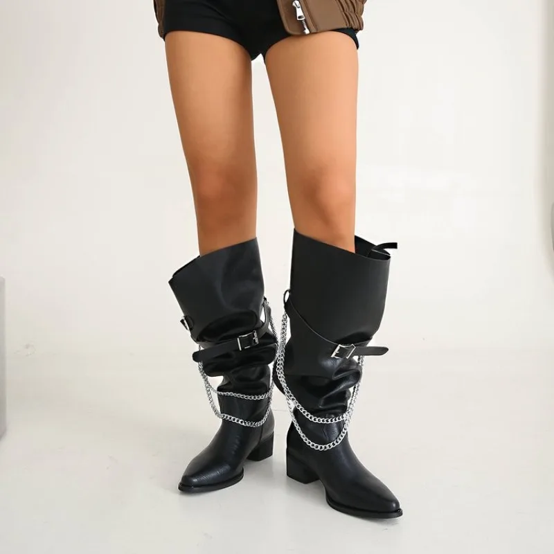 

Fashion Metal Decor Knight Boots Women Autumn Black PU Leather Knee High Boots Woman Slip On Thick Heel Riding Botas Mujer 2025