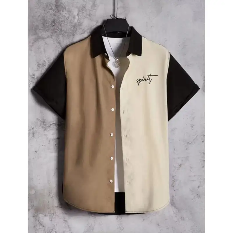 Slim Fit Men's irt Autumn Pattern Printed Blo Letter Design PU Leather Fabric Comfortable Inner Wear  Collar Seven Sl...