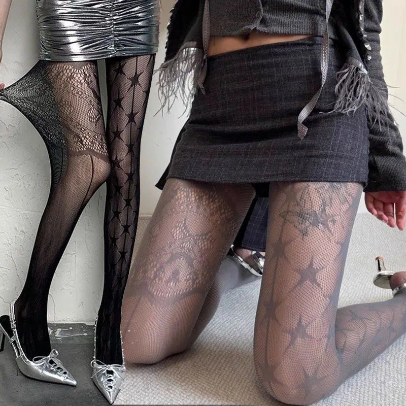 

AB Design женские колготки с принтом пятиконечной звезды, ажурные сетчатые чулки с рисунком, сексуальные кружевные колготки в стиле панк с тонкими ногами
