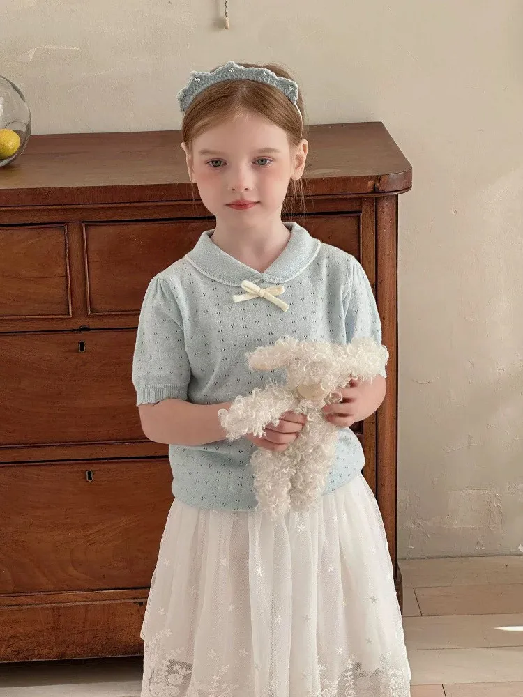 Girls' Summer T-shirt Fashion New Style Children's Collar Short Sleeve Hollow Knitted Top