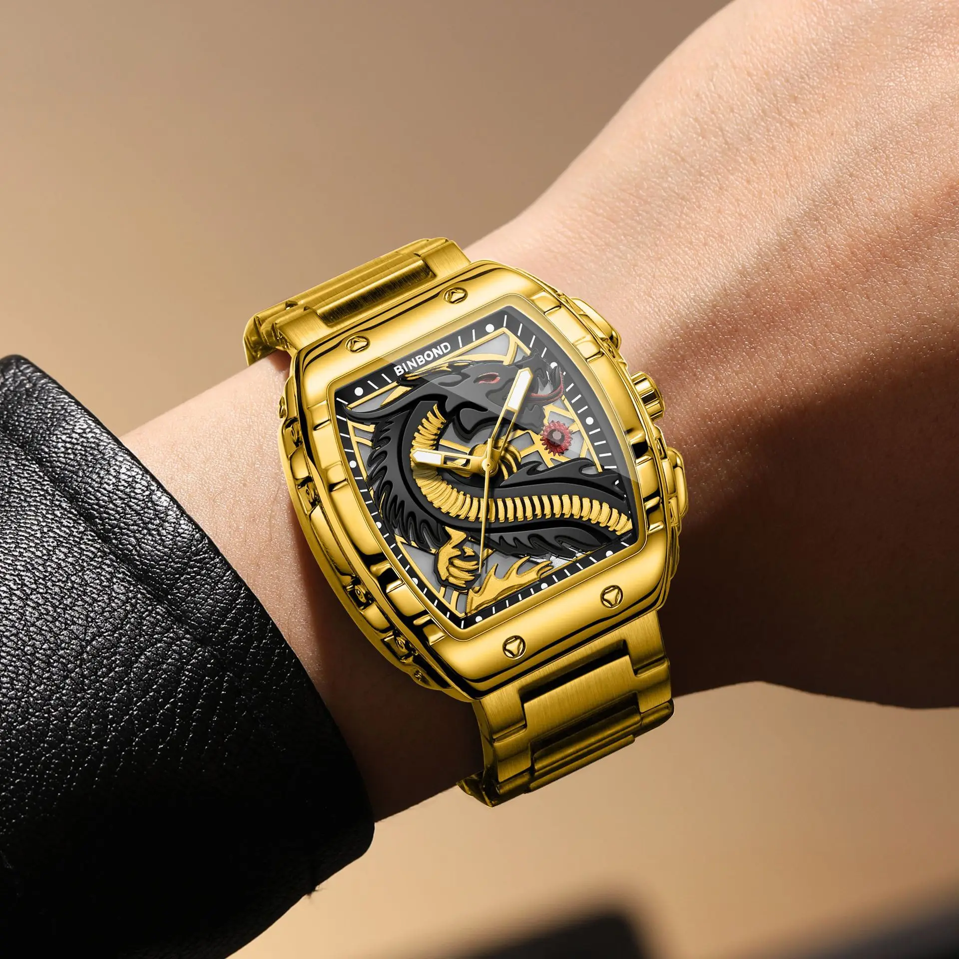Fashion Men's Watch Golden Tonneau Wristwatch Dragon Dial Stainless Steel Band Waterproof Quartz Watch Luxury Male Clock Gift