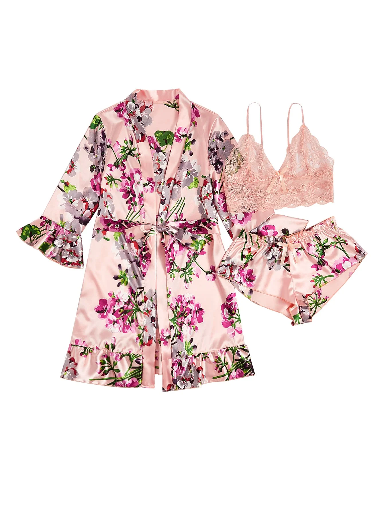 

Floral Satin Robe Set Pink Lace Bralette and Shorts for Women Bridal Loungewear Romantic