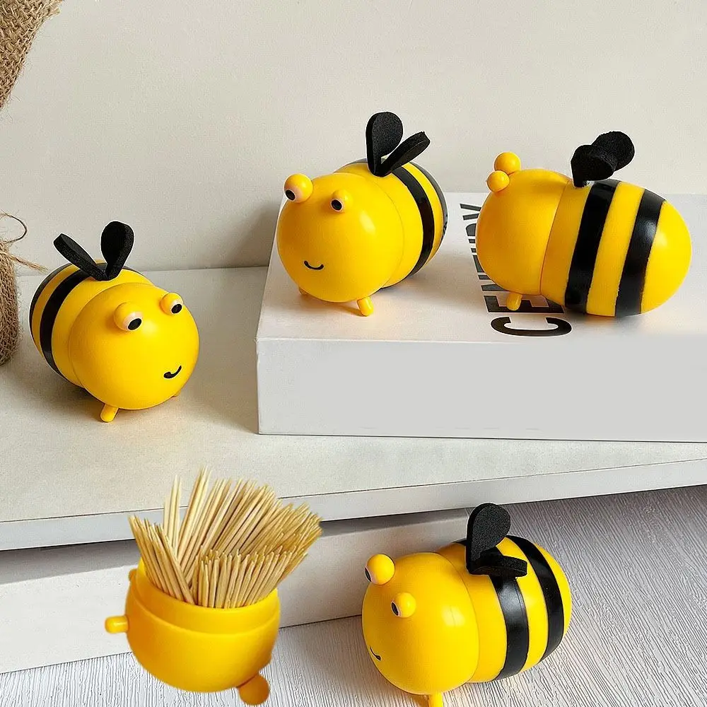 

2Pcs Cartoon Design Bee Shape Toothpick Box Cute Portable Bee Toothpick Dispenser Plastic Moisture-proof Toothpick Organizer