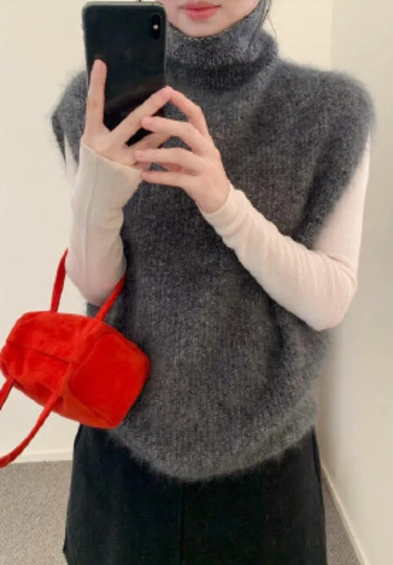 Vintage Korean Style Wool Turtleneck Sleeveless Vest Pullover Sweater Warm Casual Outerwear for Women Autumn Winter Daily Wear