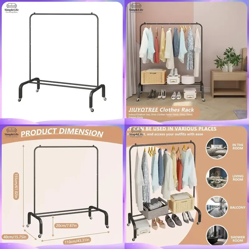 Modern Iron Coat Rack with Wheels 5 Tier 5 Hooks Portable Clothes Hanger Stand Black Metal Garment Organizer for Living Room