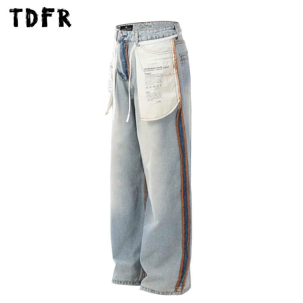 Creative Pocket Washed Distressed Jeans Mens Spliced Retro Casual Streetwear Straight Loose Wide Leg Denim Pants Men