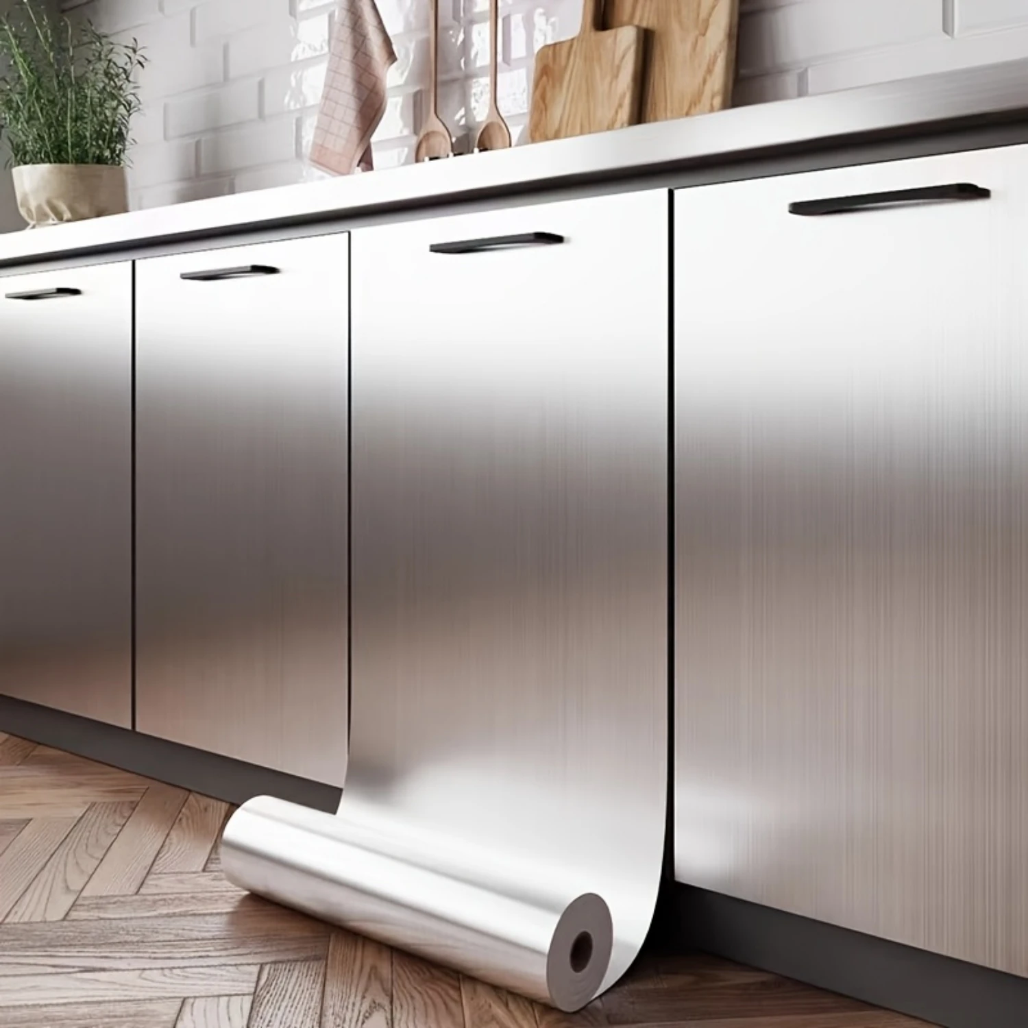 Carta da parati autoadesiva in argento spazzolato Pellicola decorativa per controsoffitto della cucina, moderna, resistente al fuoco e impermeabile