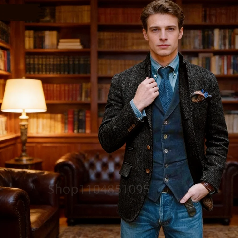 

1 peça blazer marrom para homens jaqueta de espinha de peixe casaco de escritório de negócios inverno terno de lã quente notch l