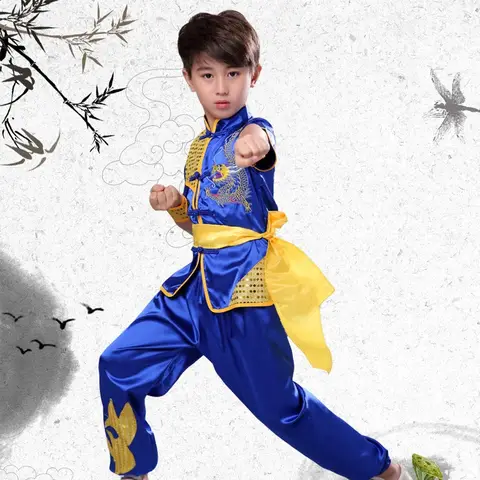 봄 여름 어린이 무술 의상 아기 복장 세트 중국어 쿵푸 정장 무대 소년 태극권 소녀 Wushu 아동복