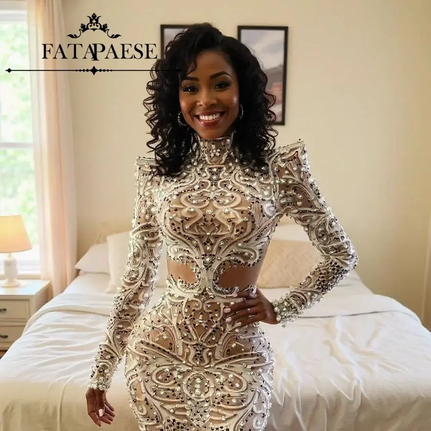 

FATAPAESE Customized Sexy Sheath Pearls Full Sleeve Above Knee Prom Dress for Black Girl Luxury Evening Dresses 2025 Gown